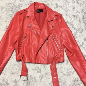 Cropped red faux leather moto jacket